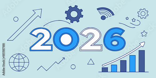 Vector illustration for 2026 Year Review with growth chart, financial icons, team, and 2026 logo, representing strategic business success for presentations and reports.