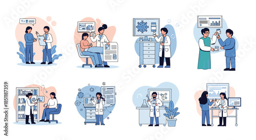 Collection of flat vector illustrations depicting medical researchers and scientists working in laboratory environments on various tasks.