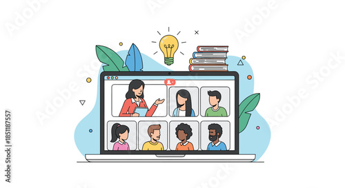 Laptop displaying a video conference call with a diverse group of participants and an instructor explaining a creative new idea.