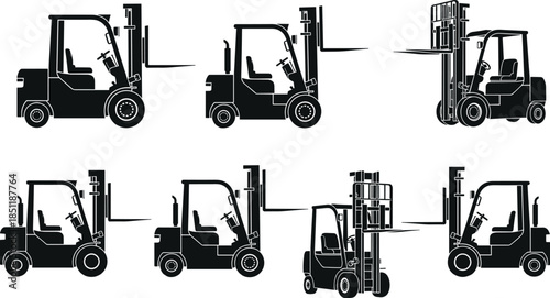 Forklift silhouette set, industrial vehicle angles, warehouse machinery illustration, cargo lifting icons, black forklift graphics, side and angled views