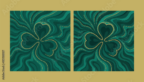 Abstract Emerald Marble Swirl with Gold Highlights and Clovers