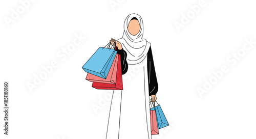 Young woman wearing a traditional hijab and long white dress holding several colorful shopping bags from a recent retail trip.