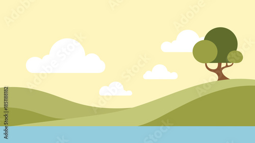 Single Tree on Hilltop Landscape Scene.