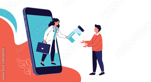 Telemedicine concept showing a female doctor emerging from a large smartphone to hand a bottle of medicine to a waiting young boy.