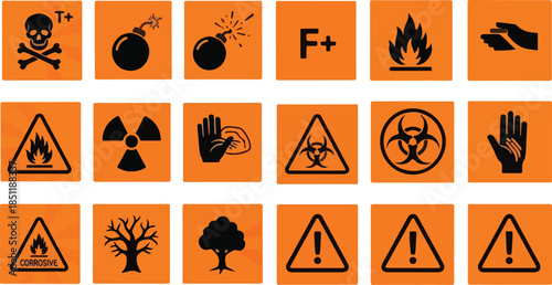Hazard symbols and warning signs with various icons are displayed.