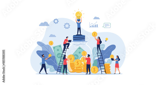 Collaborative team of people working together to fill a giant jar with gold coins and lightbulbs as a symbol of shared financial ideas.