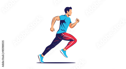 Determined young man in a blue t-shirt and red athletic pants running fast in a flat vector style illustration against a white space.