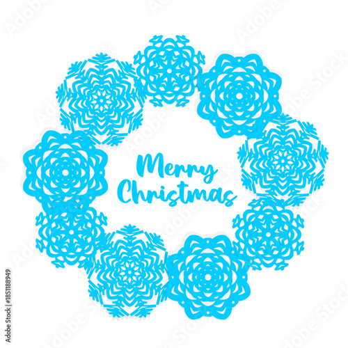 Beautiful circle frame from blue Christmas applique snowflakes of different shapes and sizes on white background