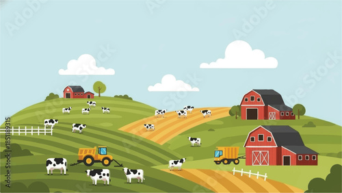 Rural landscape with barns, cows, and tractors in a green field under a blue sky