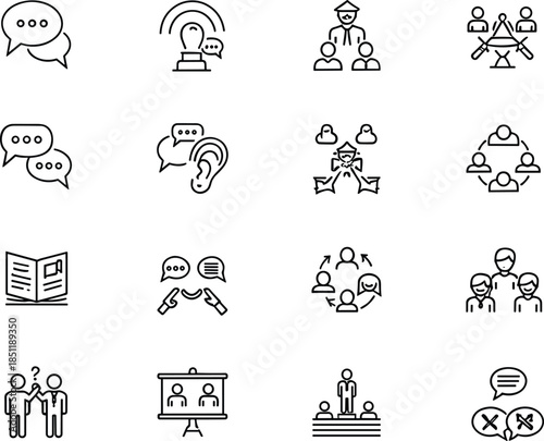 Minimal communication and teamwork icon set featuring discussion listening leadership collaboration meeting symbols outline vector for modern ui design