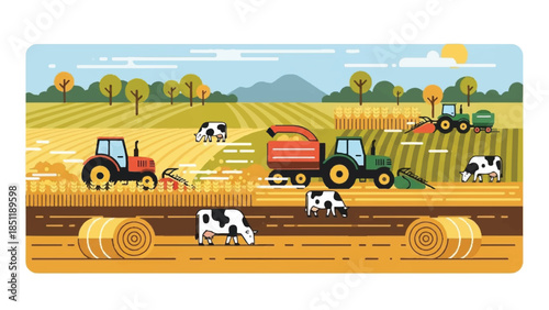 Tractors and cows working together in a vast agricultural field on a sunny day