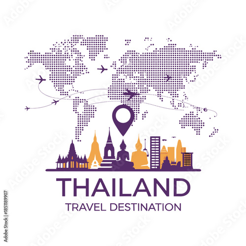 Thailand Travel Destination Illustration – Landmark Skyline with World Map Concept