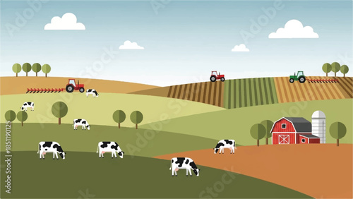 Cows grazing in a green field near a farm with tractors working in the background under a blue sky