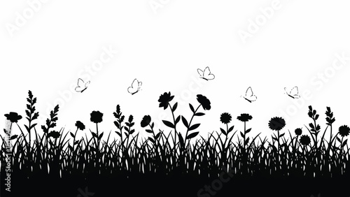 Silhouetted flowers and butterflies in a serene meadow landscape illustration