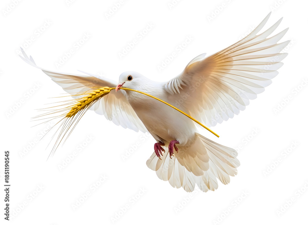 Fototapeta premium A white dove flying with an olive branch in its beak isolated on transparent background