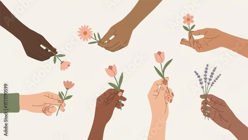 Diverse hands exchanging flowers in a gesture of unity and solidarity