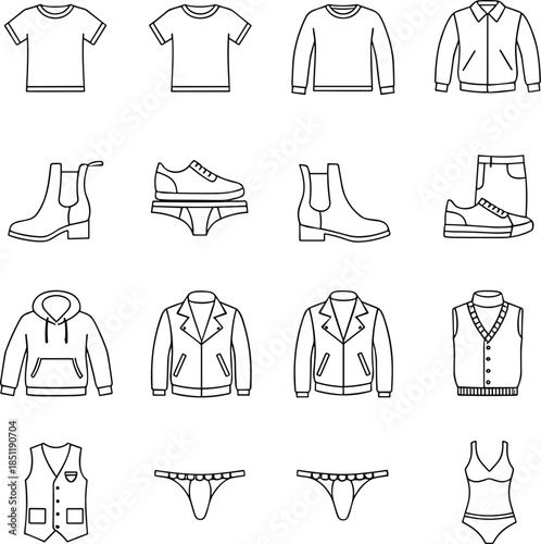 Minimal clothing and fashion icon set featuring apparel footwear underwear casual wear symbols outline vector for modern ui design