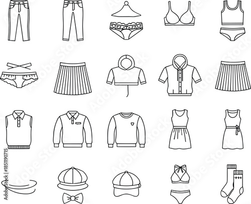 Minimal clothing and fashion icon set featuring pants skirts tops underwear accessories symbols outline vector for modern ui design