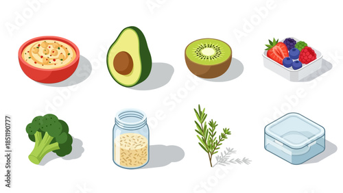 Healthy food collection: fresh fruits, vegetables, and ingredients in isometric style