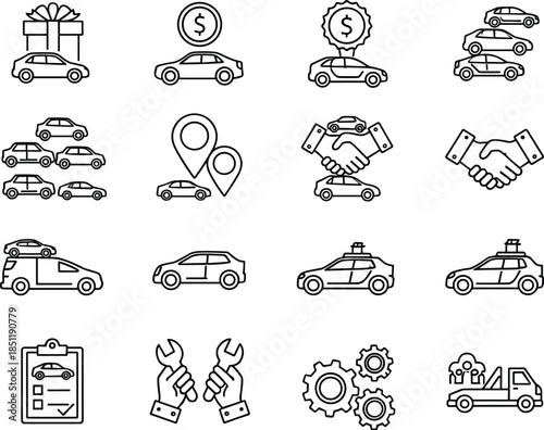 Minimal car rental and automotive service icon set featuring vehicles pricing location maintenance delivery symbols outline vector for modern ui design