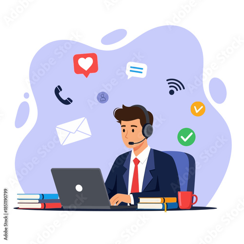 Cartoon Man Working on Laptop with Headset.