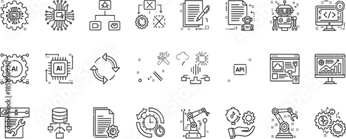 Minimal artificial intelligence and automation icon set featuring AI chips robotics workflow data api technology symbols outline vector for modern ui design