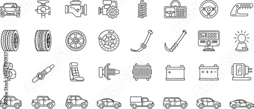 WeMinimal automotive parts and car service icon set featuring vehicle components repair maintenance symbols outline vector for modern ui design