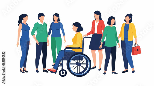 Diverse group of people interacting with a person in a wheelchair in a modern urban setting