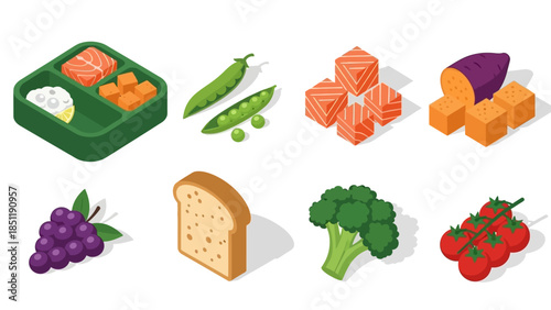 Isometric food icons collection featuring fruits, vegetables, and sushi elements
