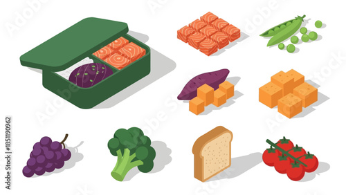 Isometric food set with sushi box, vegetables, bread, and fruits