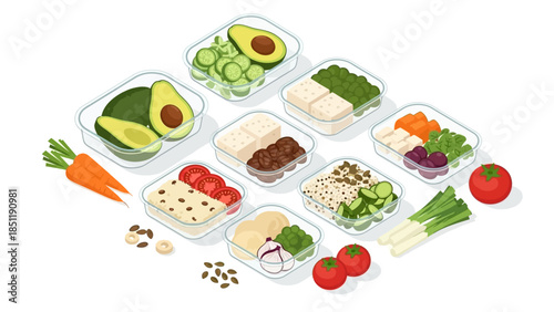 Isometric meal prep with fresh vegetables and grains in containers