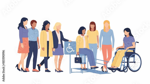 Diverse group of people interacting with a wheelchair user in a modern setting