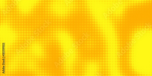 Yellow halftone pattern. Retro comic gradient background. Bright orange pixelated dotted texture overlay. Cartoon pop art faded gradient pattern. Vector backdrop for poster, banner, advertisement