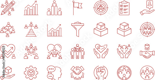 Business and Teamwork Line Icons Set – Leadership, Collaboration, Growth, Strategy, Communication, Recruitment, Motivation, Organizational Structure, Performance Metrics