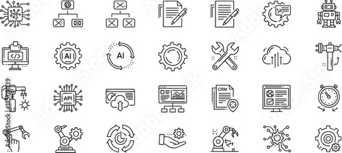Artificial Intelligence and Automation Line Icons Set – Machine Learning, Robotics, Data Processing, Neural Networks, Cloud Computing, API Integration