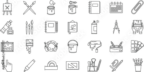 Art and Office Supplies Line Icons Set – Creative Tools, Stationery, Painting Equipment, Sketchbooks, Rulers, Notebooks, Brushes, Educational Materials