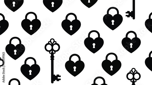 Seamless Vector Pattern of Black Heart Locks and Keys on White Background for Romantic or Wedding Themes