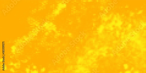 Yellow halftone pattern. Retro comic gradient background. Bright orange pixelated dotted texture overlay. Cartoon pop art faded gradient pattern. Vector backdrop for poster, banner, advertisement