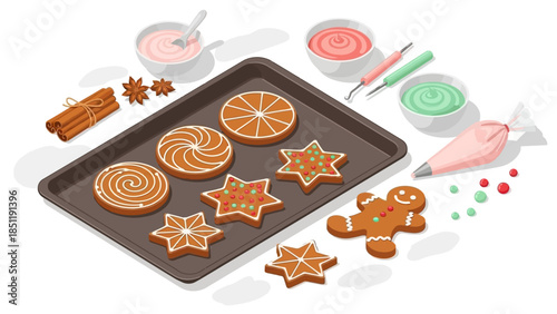 Festive cookie baking scene with icing and gingerbread on tray in isometric style