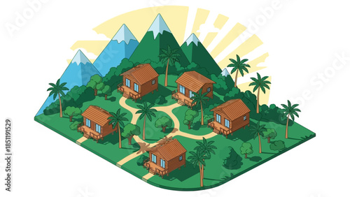 Charming mountain retreat with wooden cabins and tropical palm trees