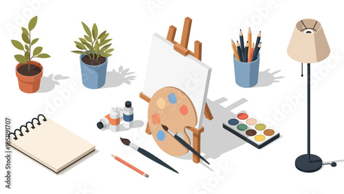 Artistic workspace with easel, paints, and plants in isometric design