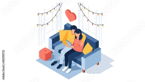 Cozy couple relaxing on sofa with tablet in festive room ambiance