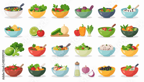 Variety of colorful salad bowls.