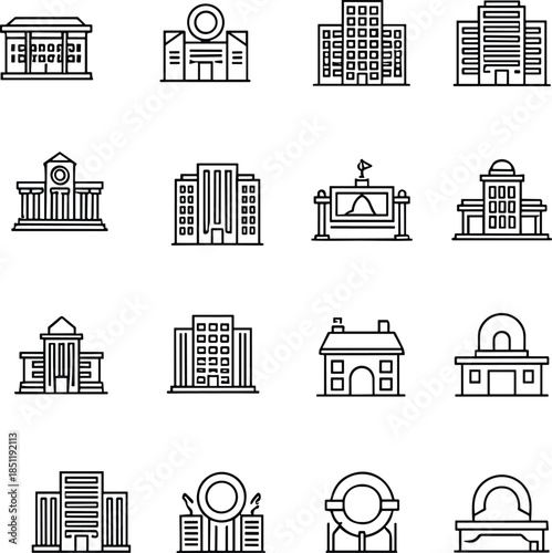 Minimal city buildings and architecture icon set featuring offices institutions landmarks urban structures outline vector for modern ui design