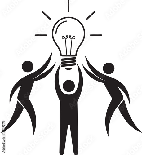 Three figures holding up a light bulb with radiating lines