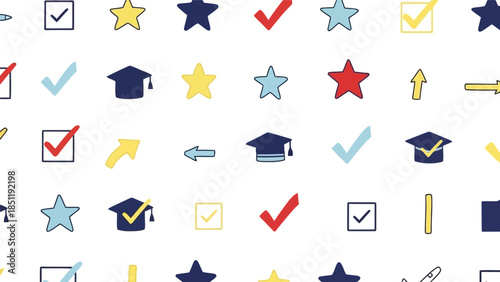 Colorful Graduation Themed Vector: Fun Icons for Academic Celebrations and Events, Including Hats, Stars, and Checkmarks