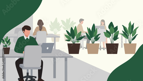 Modern office workspace with team collaboration and indoor plants