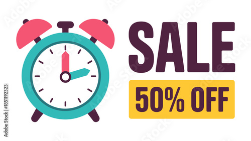 Colorful Alarm Clock Sale Graphic with 50 Percent Discount