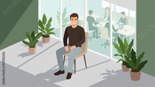 Modern office isometric design with relaxed employee and meeting scene