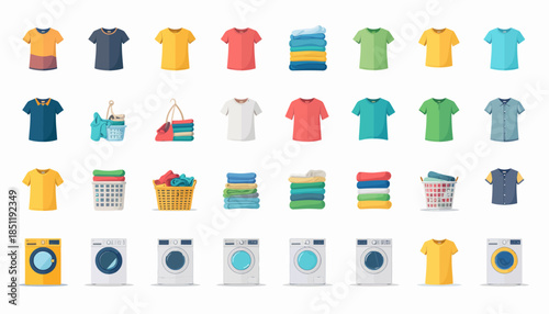 Colorful laundry icons and washing machines.